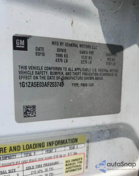 2010 Chevrolet Malibu Ls z USA, uszkodzony, nr VIN 1G1ZA5E03AF253749